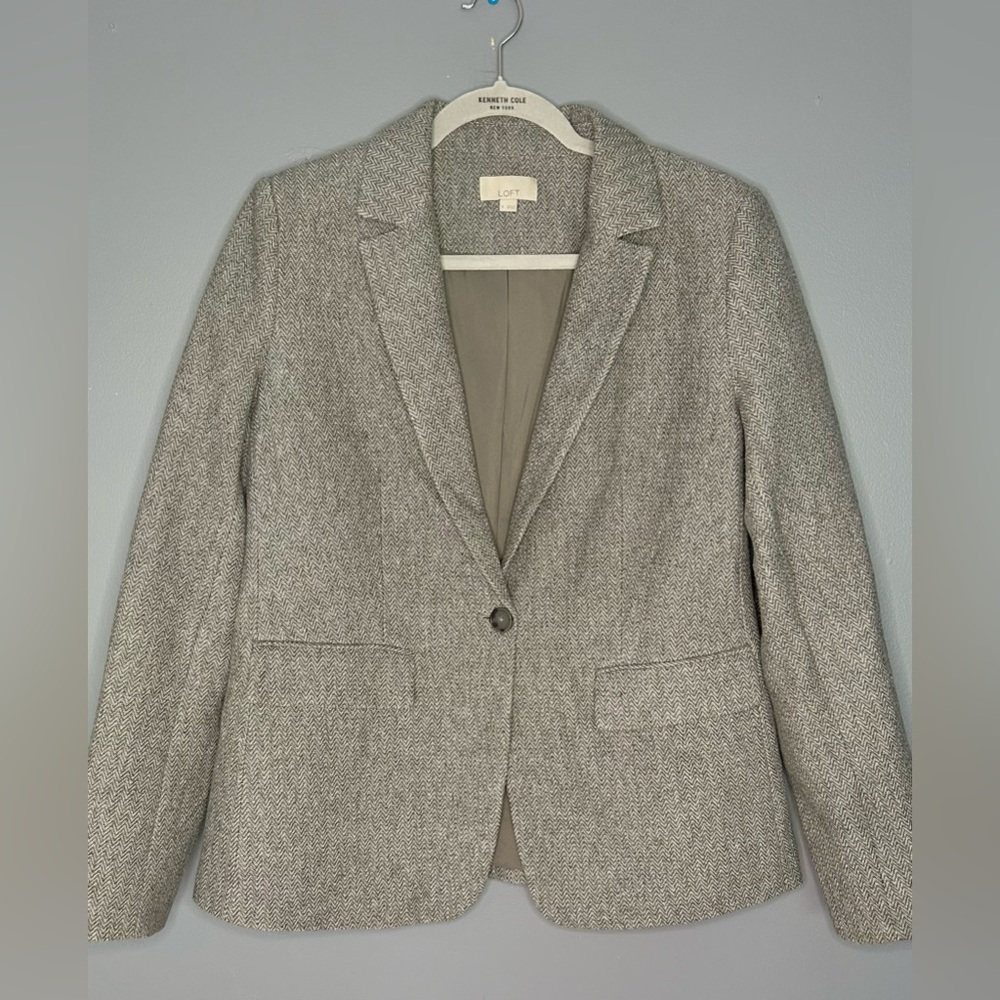 Loft Blazer Size‎ 8 Grey Chevron Pattern One Button Soft Cotton Old Money Preppy